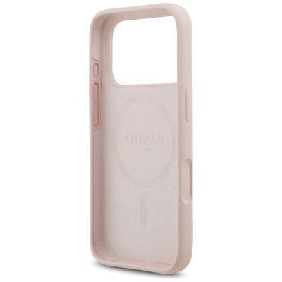 7. Etui Guess Silicone Script Metal Logo MagSafe na iPhone 17 Pro - różowe