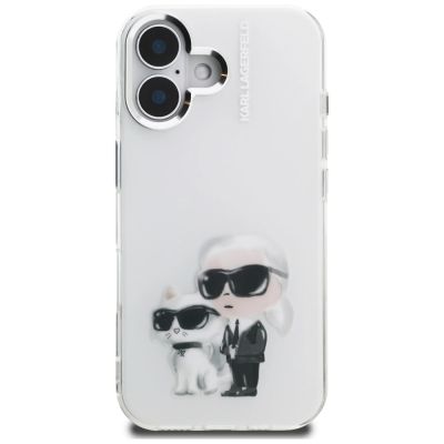3. Etui Karl Lagerfeld IML Aquarelle Karl & Choupette & Logo na iPhone 16 - białe