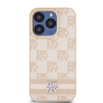 3. Etui DKNY Leather Checkered Mono Pattern & Printed Stripes na iPhone 15 Pro Max - różowe