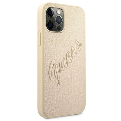 4. Etui Guess Saffiano Vintage Script na iPhone 12 / iPhone 12 Pro - złote
