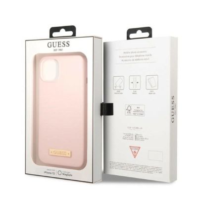8. Etui Guess Silicone Logo Plate MagSafe na iPhone 13 mini - różowe