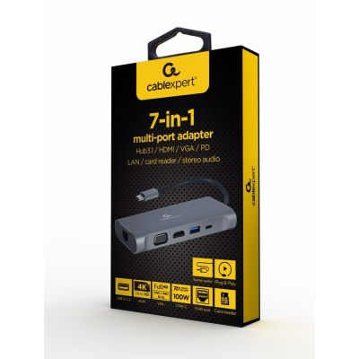 6. GEMBIRD MULTI ADAPTER USB TYPE-C 7 W 1 (HUB3.0 + HDMI + VGA + PD + CZYTNIK KART + DŹWIĘK STEREO), SZARY