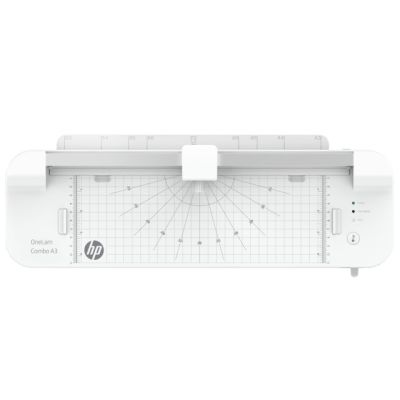 2. HP Laminator ONELAM COMBO A3, na zimno/gorąco, zintegrowany trymer, zaokrąglacz rogów, prędkość 40cm/min + 15 folii: 3xA4, 4xA5, 4xA6, 4xB-CARD, biały