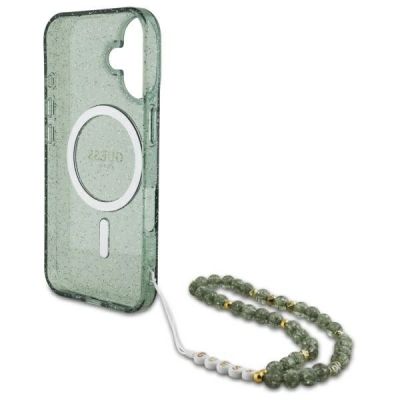 6. Etui Guess IML Glitter With Pearl Strap MagSafe na iPhone 16 - zielone