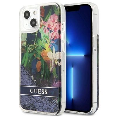 Etui Guess Flower Liquid Glitter na iPhone 13 mini - niebieskie