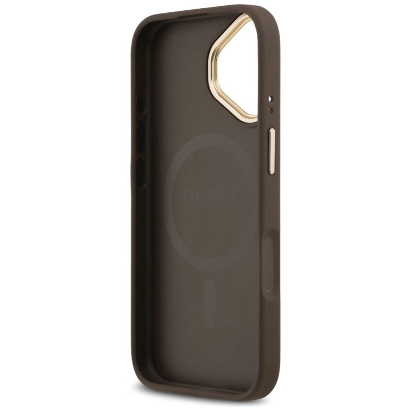 7. Etui Guess 4G Strass Logo & Big Strap Metal Buttons MagSafe na iPhone 17 - brązowe