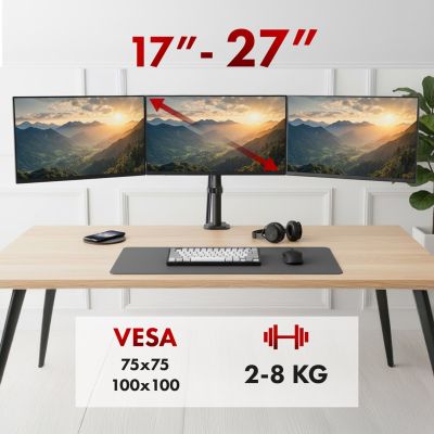 16. MACLEAN UCHWYT NA 3 MONITORY, SPRĘŻYNA GAZOWA, 17"-27", 2-8KG, CZARNY MC-137