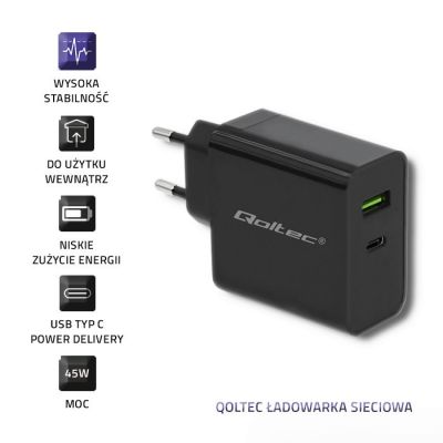 7. QOLTEC ŁADOWARKA SIECIOWA 42W | 5-20V | 2.25-3A | USB TYP C PD | USB | CZARNA