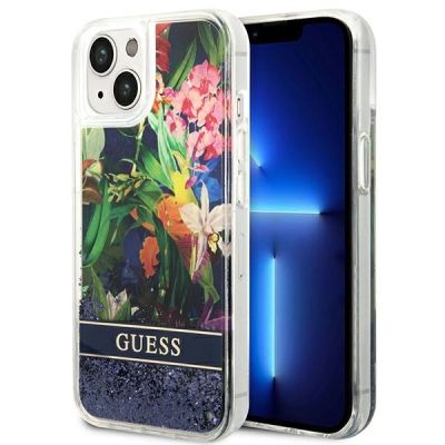 Etui Guess Flower Liquid Glitter na iPhone 14 - niebieskie