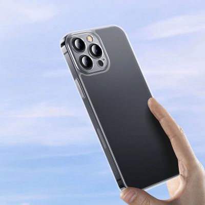 10. Baseus Frosted Glass Case etui pokrowiec do iPhone 13 Pro Max sztywna obudowa z żelową ramką przezroczysty (ARWS000202)