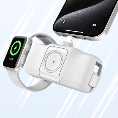 11. Mini powerbank Wozinsky WF16-YCS 5000mAh 15W USB-C z wbudowanym kablem USB-C i ładowarką do Apple Watch - biały