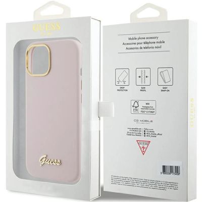 8. Etui Guess Silicone Script Metal Logo & Frame do iPhone 15 - różowe