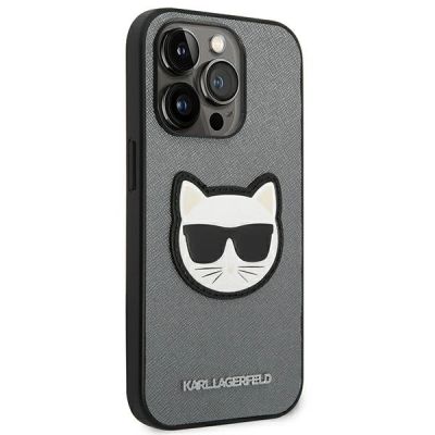 4. Etui Karl Lagerfeld Saffiano Choupette Head Patch na iPhone 14 Pro - srebrne
