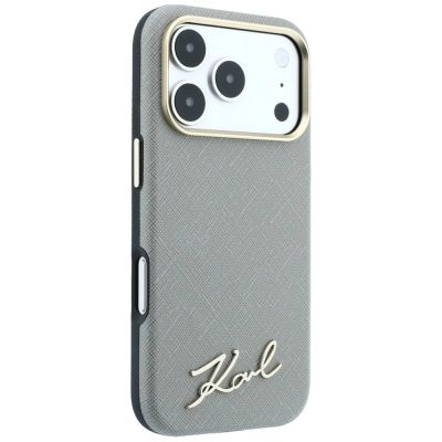 4. Etui Karl Lagerfeld Saffiano Small Script Metal Logo MagSafe na iPhone 17 Pro Max / 18 Pro Max - beżowe