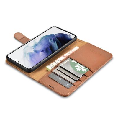 7. iCarer Haitang Leather Wallet Case skórzane etui do Samsung Galaxy S22+ (S22 Plus) portfel obudowa pokrowiec brązowy (AKSM05BN)