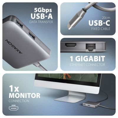3. Axagon N HMC-5HL USB 5Gbps hub 2x USB-A HDMI 4k/60Hz RJ-45 GLAN PD 100W kabel USB-C Przewodowa USB 3.2 Gen 1 (3.1 Gen 1) Type-C Srebrny