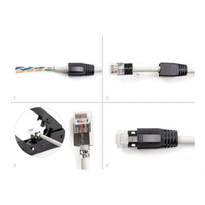 4. DeLOCK Wtyczka modułowa RJ45 z odgiętką, Cat.6A, Cat.7 i nasadki przeciwzagięciowe, zestaw 25 sztuk