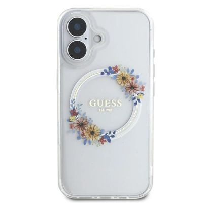 3. Etui Guess IML Flowers Wreath MagSafe na iPhone 16 Plus - przezroczyste