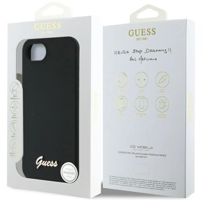 8. Etui Guess Silicone Script Metal Logo MagSafe na iPhone 16e - czarne