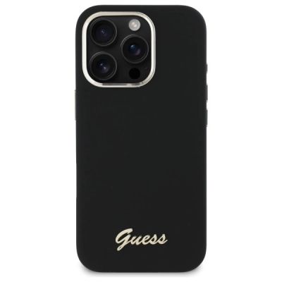 3. Etui Guess Silicone Script Metal Logo & Frame na iPhone 16 Pro Max - czarne