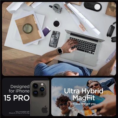 8. Etui Spigen Ultra Hybrid Mag z MagSafe na iPhone 15 Pro - ciemnoszare (wzór Zero One)