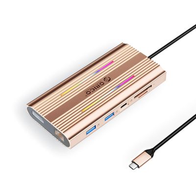 Stacja dokująca USB-C Orico XDR 12w1 RGB USB-A USB-C 2x HDMI 4K 60 Hz DisplayPort 4K 60 Hz RJ45 Gigabit PD 100 W czytnik kart SD i microSD - różowo-złota