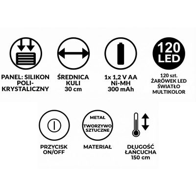 17. LAMPA SOLARNA WISZĄCA KULA 30CM 120 LED ZIMNY BIAŁY