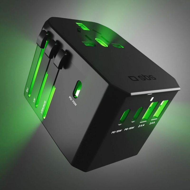 8. Adapter podróżny SBS uniwersalny GaN 70W 3xUSB-C 2xUSB-A z etui - czarny