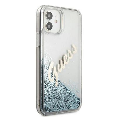 4. Etui Guess Glitter Vintage Script na iPhone 12 mini - niebieskie