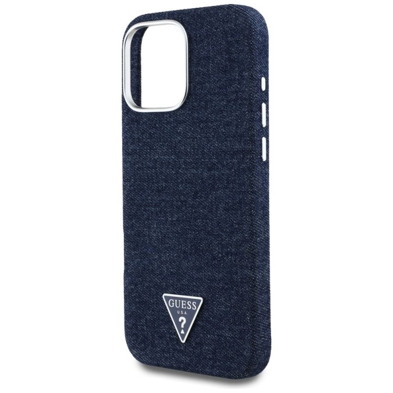 6. Etui Guess Denim Triangle Logo MagSafe na iPhone 16 Pro - niebieskie