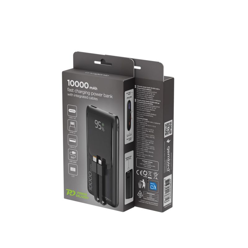 6. GEMBIRD POWERBANK O POJEMNOŚCI 10000MAH Z WYŚWIETLACZEM LCD ZINTEGROWANYMI KABLAMI SZYBKIM ŁADOWANIEM QC3.0 20W