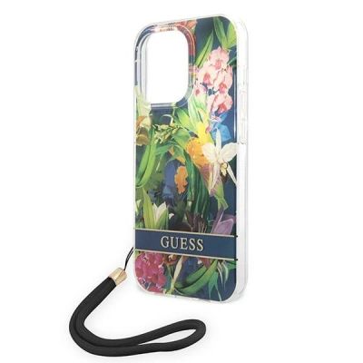 5. Etui Guess Flower Strap na iPhone 14 Pro Max - niebieskie