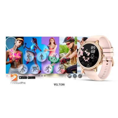 18. Smartwatch Damski VELTORI VT310-1 Złota Bransoleta + Różowy Pasek Silikonowy