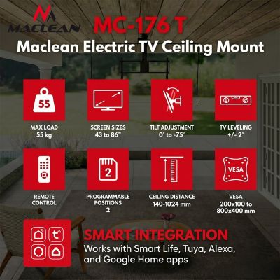 21. MACLEAN UCHWYT ELEKTRYCZNY DO TV, SUFITOWY, OBSŁUGA TUYA, MAX. VESA 800X400, DLA TV 43-86", MAX. 55KG MC-176 T