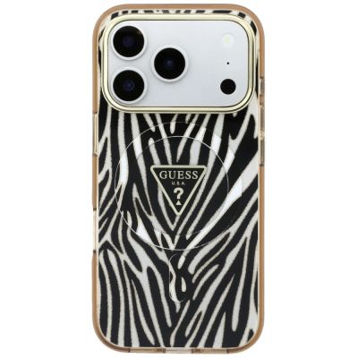 3. Etui Guess IML Zebra Glitter Triangle Logo MagSafe iPhone 17 Pro / 18 Pro - złote