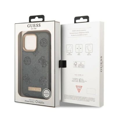 8. Etui Guess Peony Logo Plate MagSafe na iPhone 13 Pro / iPhone 13 - szare
