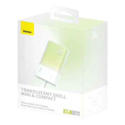 12. Powerbank Baseus Popsicle 5200mAh 20W z wbudowanym kablem Lightning (+ biały kabel Baseus Simple USB-C - USB-C 60W/20V/3A/30cm) - biało-zielony