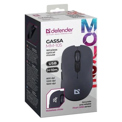4. DEFENDER MYSZ BEZPRZEWODOWA GASSA MM-105 RF SILENT CLICK CZARNA 52105