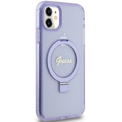 4. Etui Guess Ring Stand Script Glitter MagSafe na iPhone 11 / Xr - fioletowe