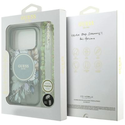 8. Etui Guess IML Flowers Pearl Strap MagSafe na iPhone 18 Pro / 17 Pro - zielone