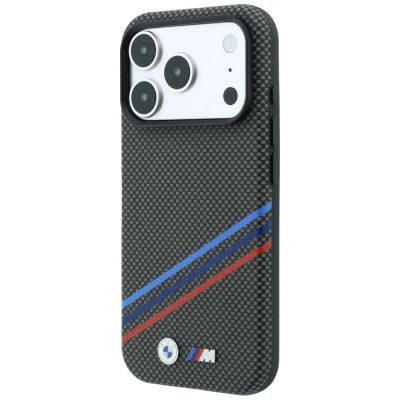 2. Etui BMW M Quadrille Kevlar Print Tricolor Lines & Metal Logo MagSafe na iPhone 18 Pro Max / 17 Pro Max - ciemnoszare