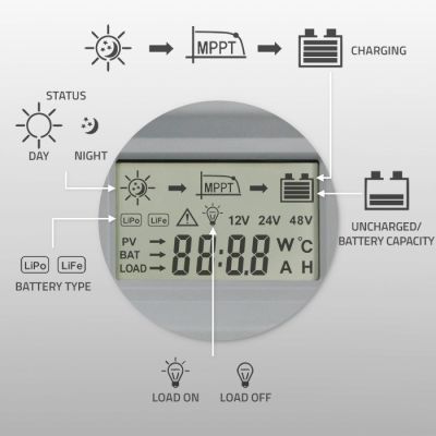 5. Solarny regulator ładowania MPPT Qoltec 53665 z czujnikiem temperatury 60A |12V / 24V | LCD | Bluetooth | APP | GEL | LiFePO4