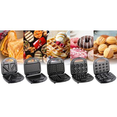 12. ELDOM OPIEKACZ WIELOFUNKCYJNY 5 IN 1 ST250 850W WYMIENNE PŁYTY: SANDWICH, GRILL, GOFRY, ORZESZKI, MINI PĄCZKI