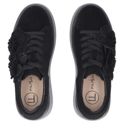 5. Skórzane sneakersy damskie na platformie z kwiatami zamszowe czarne Filippo  DP8113