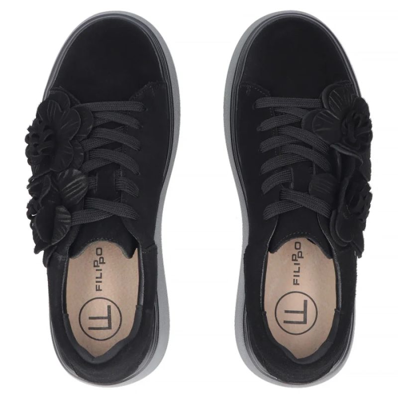 5. Skórzane sneakersy damskie na platformie z kwiatami zamszowe czarne Filippo  DP8113