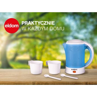 8. ELDOM CZAJNIK TURYSTYCZNY C190 LINO 0,6 L 550W NIEBIESKI + DWA KUBKI, DWIE ŁYŻECZKI