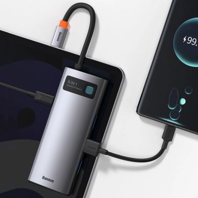 11. HUB Baseus Metal Gleam 6w1 USB-C - USB-C PD 100W 1x HDMI 4K 30Hz 3x USB-A 3.2 1x RJ45 - szary