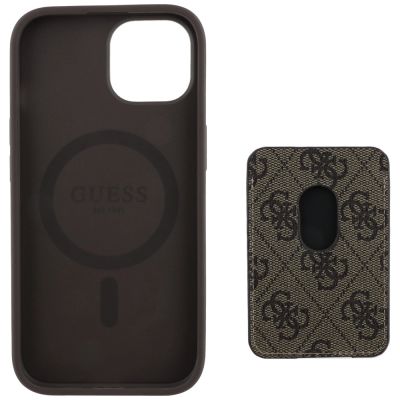 5. Etui Guess 4G Stripes z portfelem Magsafe do iPhone 15 brązowy