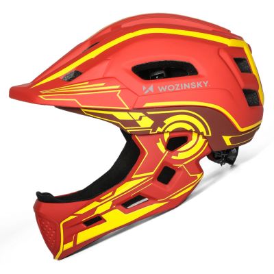 3. Kask rowerowy fullface dziecięcy Wozinsky z tylną lampką USB 52-56 cm - czerwono-żółty