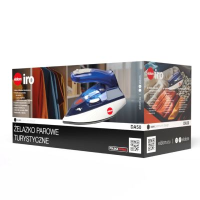14. ELDOM ŻELAZKO TURYSTYCZNE DA50 900W NIEBIESKIE, PRASOWANIE NA SUCH, Z PARĄ15G/MIN, UDERZENIE PARY 70G/MIN